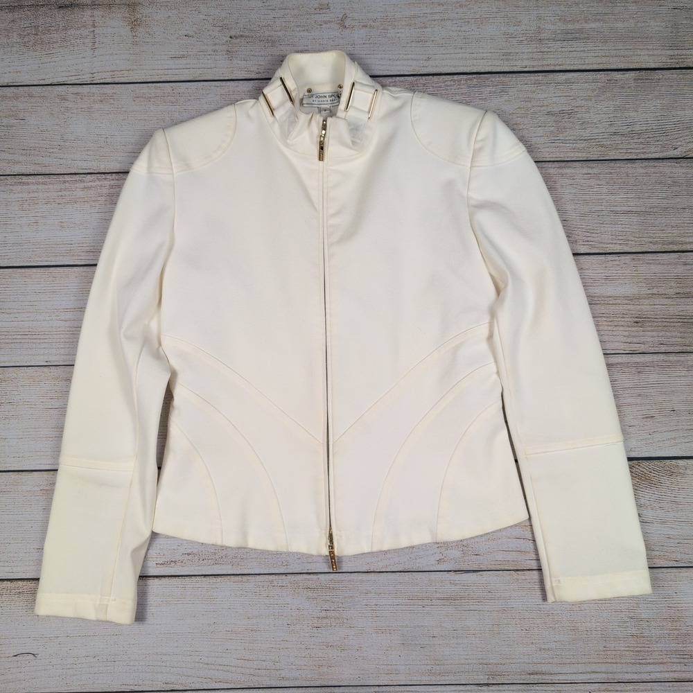 St John Sport by Marie Gray Jacket P‎ Ivory Gold Trim Zip Up motorcross style